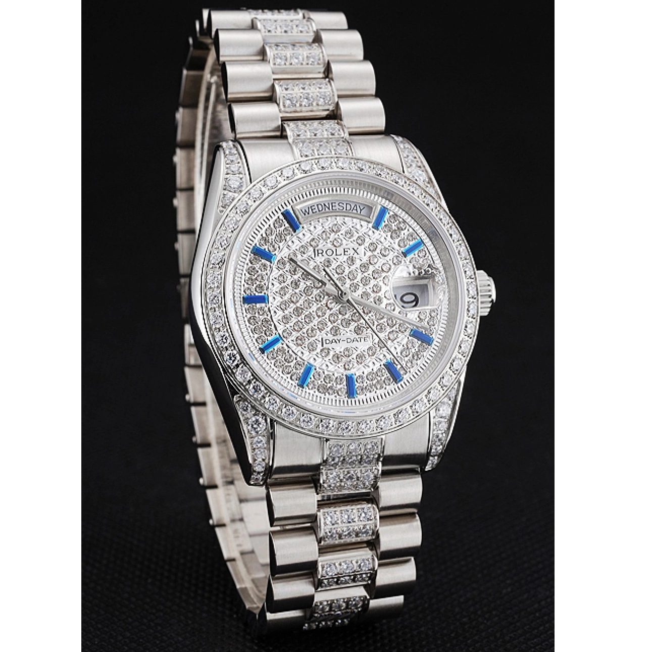 AAA replica watch Swiss Rolex Dial Stainless And Day Diamond And Steel Bezel Date Pave Bracelet 0721